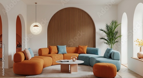 Japandi, minimalist interior design of modern living room. Colorful multicolored vibrant sofa against arched white wall.
