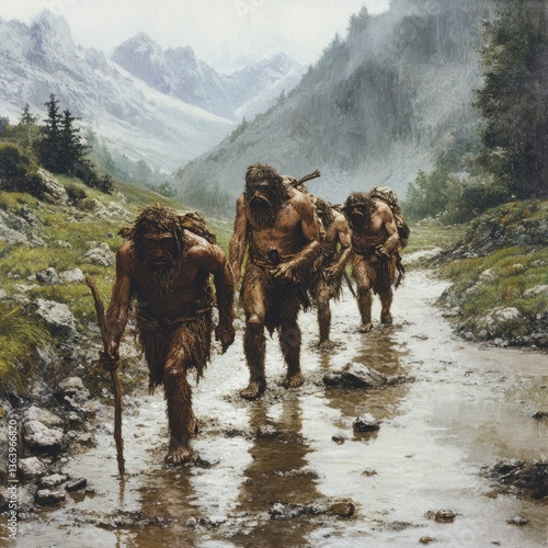 group of neanderthals traversing a river in a valley during prehistoric times

