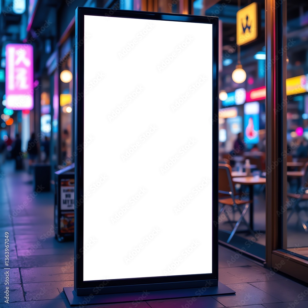 Illuminated blank signage board in vibrant urban environment. Illuminated blank signage board in vibrant urban environment.