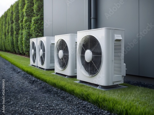 Air source heat pumps installed outside of new and modern city house, green renewable energy concept of heat pump. Ai Generative.