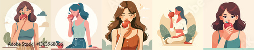 set of vector women eating apples