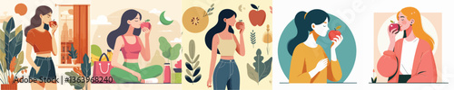 set of vector women eating apples
