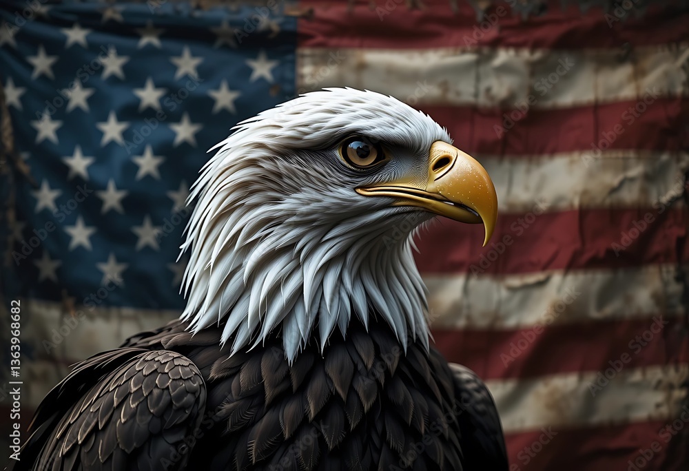 Obraz premium Close up portrait of bald eagle with american flag in the background looking to the right side