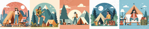 vector set of women camping