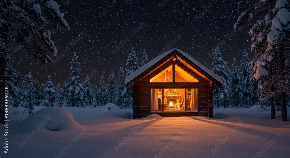 Cozy Illuminated Wooden Cabin in Snowy Forest at Night Under Starlit Sky Cozy Illuminated Wooden Cabin in Snowy Forest at Night Under Starlit Sky