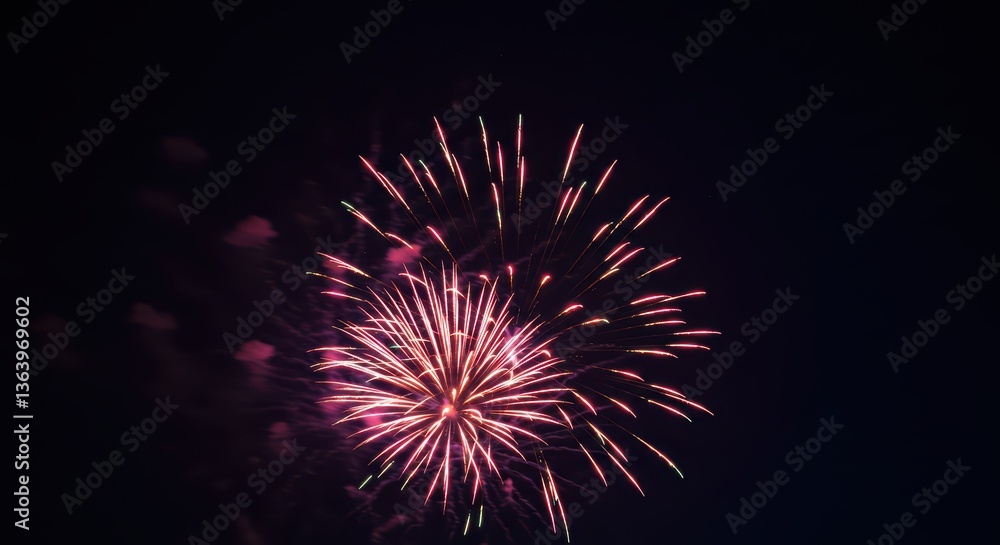 Exploding Fireworks Display Illuminating Night Sky with Pink and White Bursts Exploding Fireworks Display Illuminating Night Sky with Pink and White Bursts