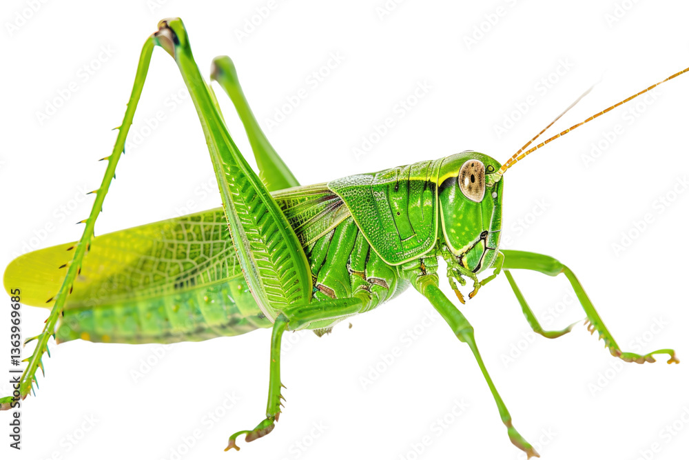 Green grasshopper isolated on white background. Macro photography of green grasshopper standing at background. Studio photography for design and print. Close up. Nature lifestyle design. AIG57. Green grasshopper isolated on white background. Macro photography of green grasshopper standing at background. Studio photography for design and print. Close up. Nature lifestyle design. AIG57.