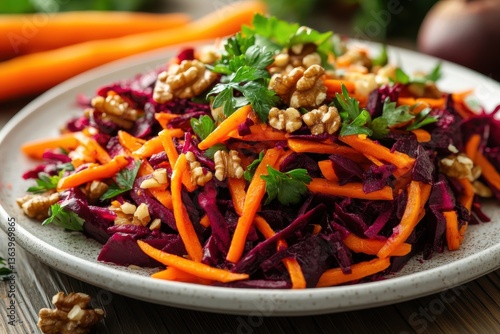 Fresh and Colorful Carrot and Beet Salad with Walnuts on a Rustic Wooden Table