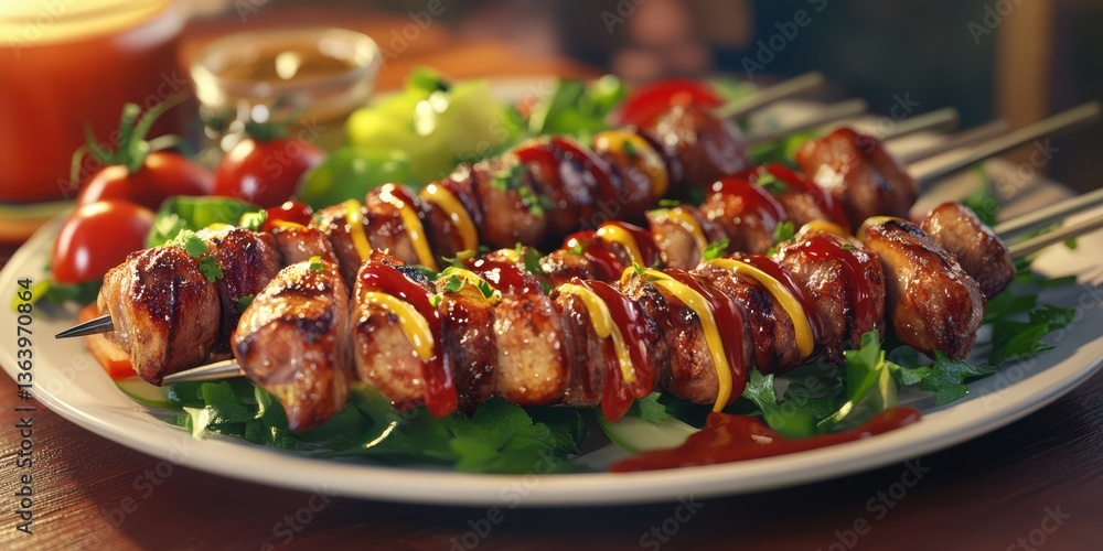Grilled skewers with meat, vegetables, and sauce served on a plate in a vibrant setting Grilled skewers with meat, vegetables, and sauce served on a plate in a vibrant setting