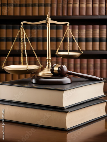 Gavel and Scales of Justice on Law Books. A close-up view of a wooden gavel and scales of justice atop open legal books on a desk, symbolizing law and judiciary.