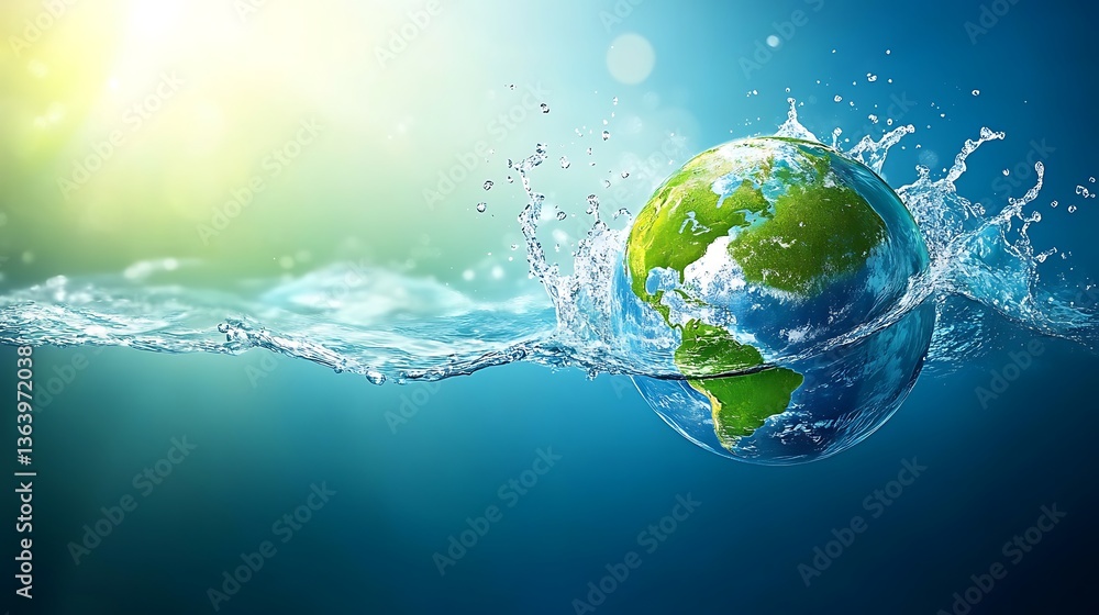 The Earth Planet Is Submerged Partially In Sparkling Fresh Water The Earth Planet Is Submerged Partially In Sparkling Fresh Water