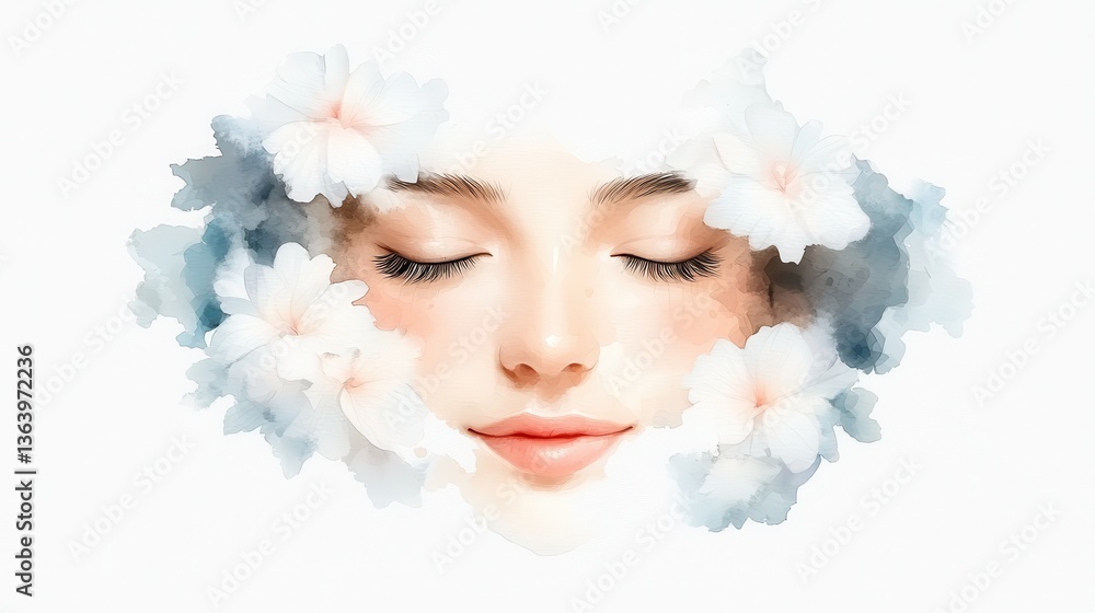 Naklejka premium A close up portrait of a relaxed contemplative female face with eyes closed enveloped in a soft cloud like haze of mist or smoke creating a dreamy ethereal atmosphere