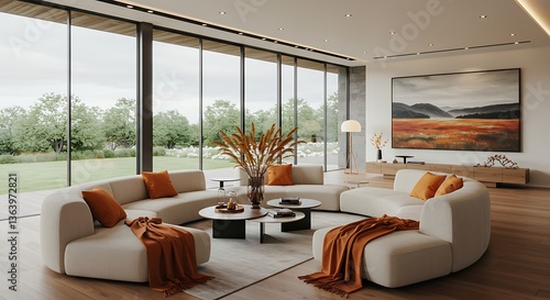 Minimalist home interior design of modern living room with orange sofa.

