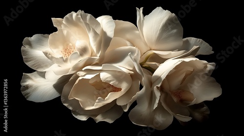 Beautiful cluster of white roses set against a black background