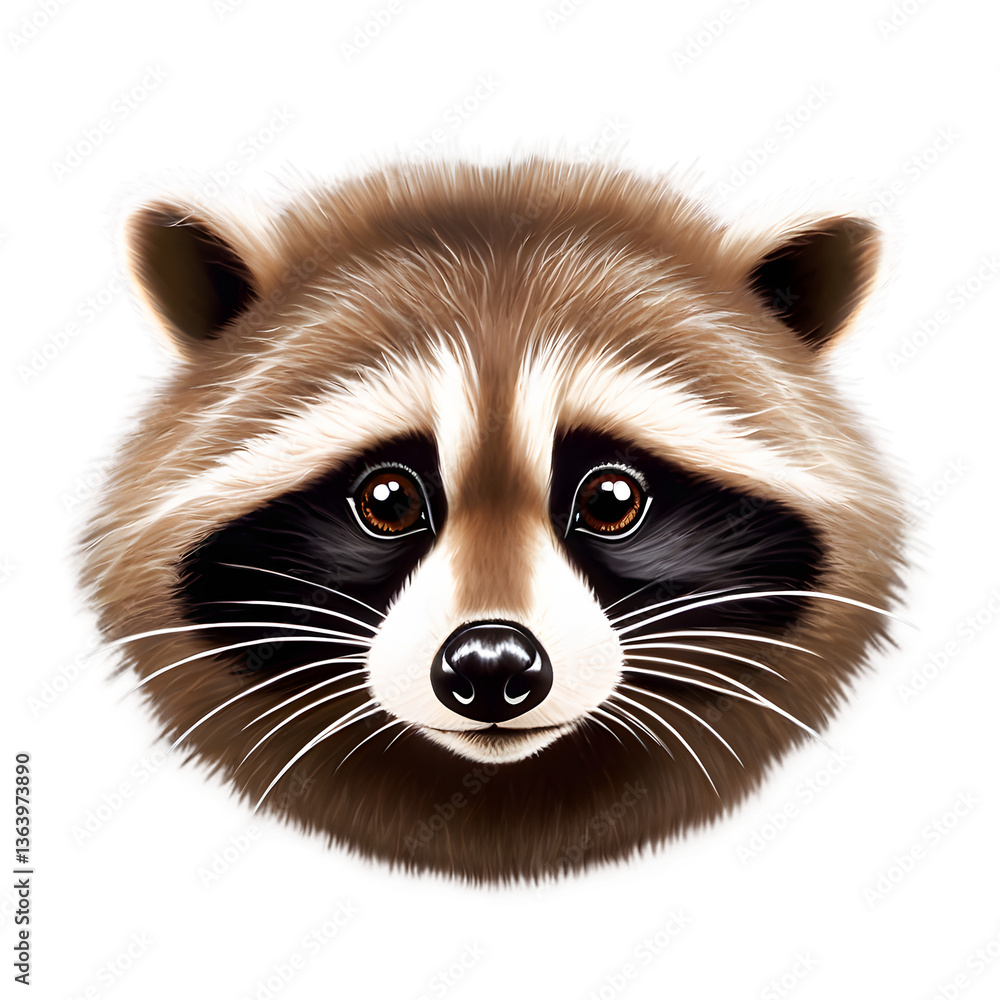Obraz premium A captivating headshot of a raccoon highlights its expressive eyes and clever demeanor. Set against white background, this image reveals the wild charm and personality of this wildlife species