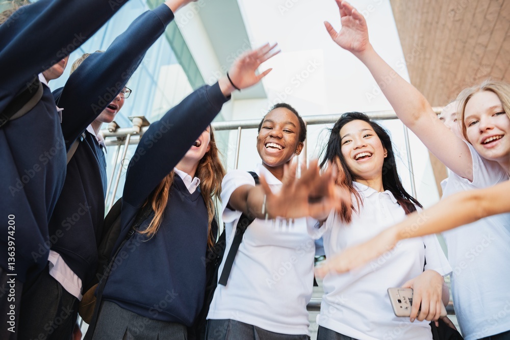 Fototapeta premium Group of diverse students in uniforms, smiling and raising hands. Diverse students, diverse smiles, diverse energy. Happy students, happy moments. Happy students stacking hands in teamwork and unity.