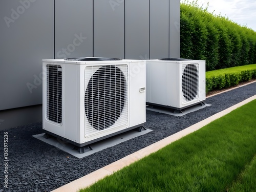 Air source heat pumps installed outside of new and modern city house, green renewable energy concept of heat pump. Ai Generative.