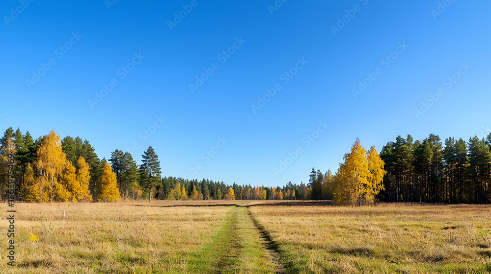 Autumn Forest Landscape With Golden Trees And Blue Sky Autumn Forest Landscape With Golden Trees And Blue Sky