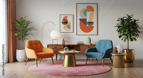 Minimalist interior design of modern living room with vibrant colorful multicolored armchairs.
