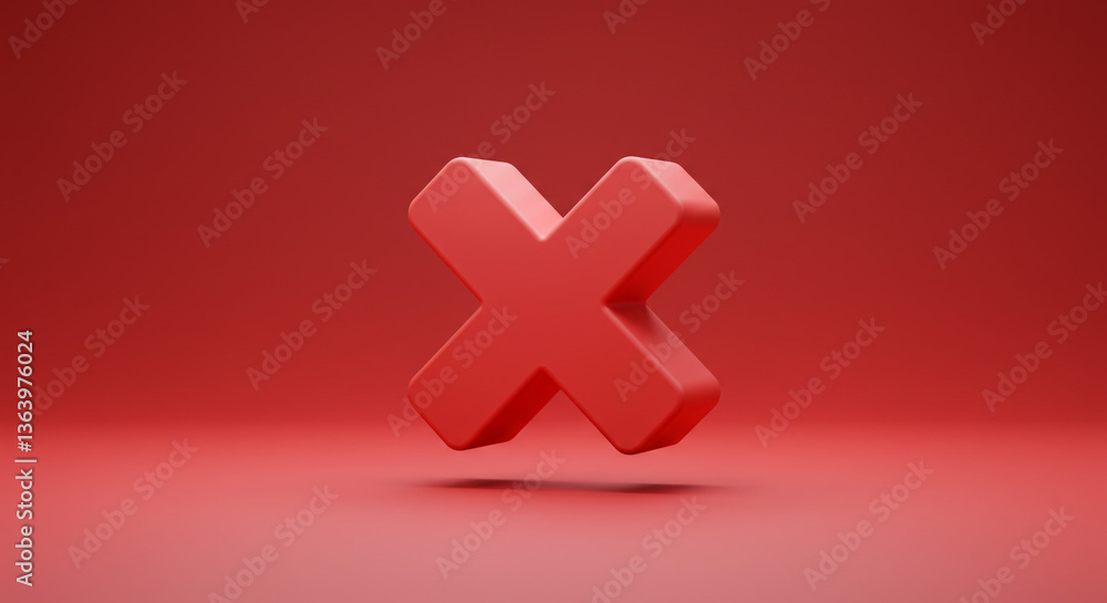 Fototapeta premium A bold red X symbolizing rejection, cancellation, or a decisive end, rendered in a clean, minimalist 3D style against a matching red backdrop.