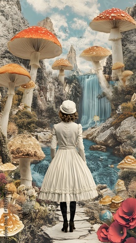 Lost in Wonderland: A woman in vintage attire, her back to the viewer, walks towards a cascading waterfall, surrounded by colossal mushrooms in a surreal, enchanting realm.