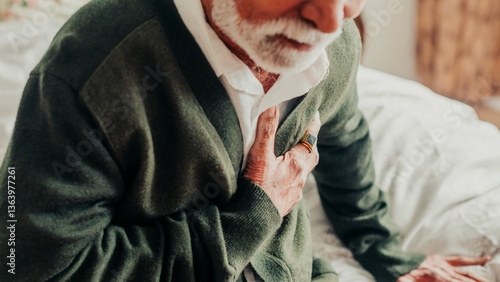 Elderly man clutching chest, wearing green sweater. Senior Indian man experiencing discomfort. Close-up of older man's hand on chest, showing concern.