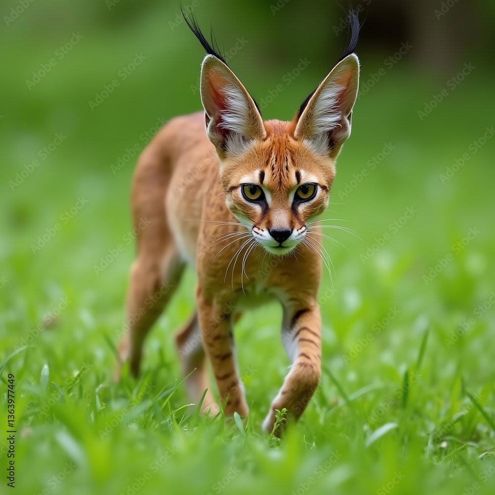 Fototapeta premium A stunning caracal walking gracefully through lush greenery.