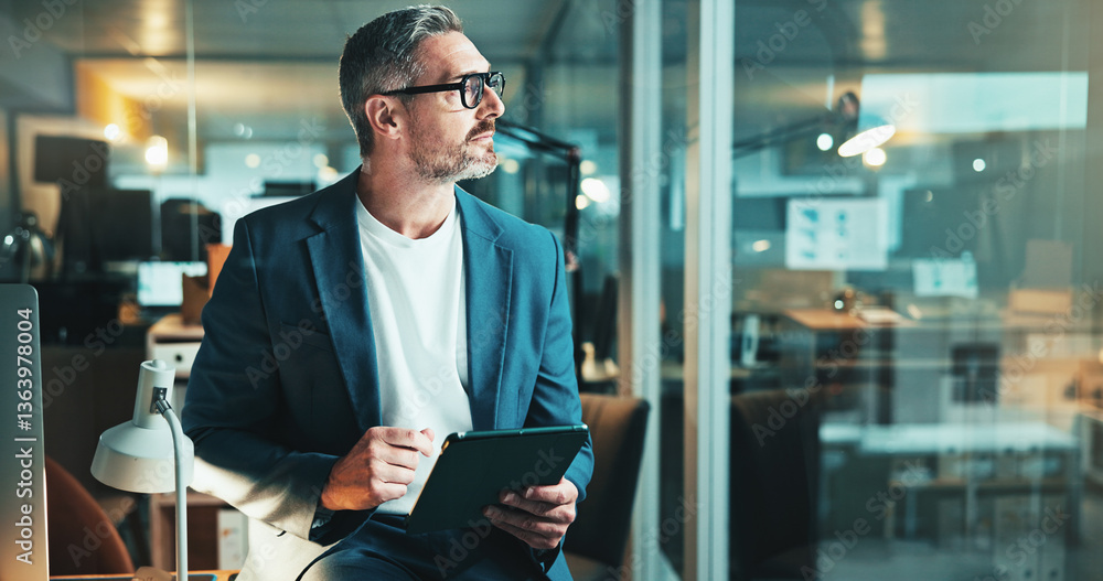 Fototapeta premium Night, thinking and man on tablet for office report, post deadline or online update research. Mature person, web design or content strategy for digital marketing trends or social media growth on tech