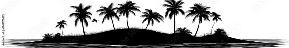 Fototapeta premium Island Oasis Silhouette: A serene silhouette of a tropical island, adorned with palm trees and set against the calm ocean.