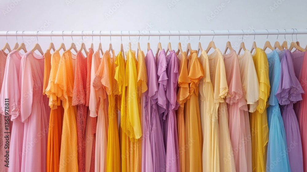 Vibrant Colorful Dresses Hanging on a Rack in a Boutique Setting Vibrant Colorful Dresses Hanging on a Rack in a Boutique Setting