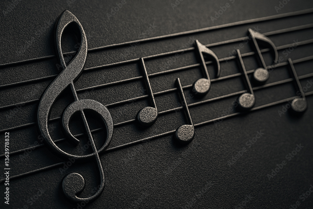 Fototapeta premium A high-resolution, close-up rendering of a black musical staff with embossed, metallic-like musical notes and a treble clef - Generative AI