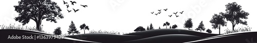 Serene Silhouette: A monochromatic view of a landscape with trees and birds, perfect for evoking a sense of tranquility and harmony.