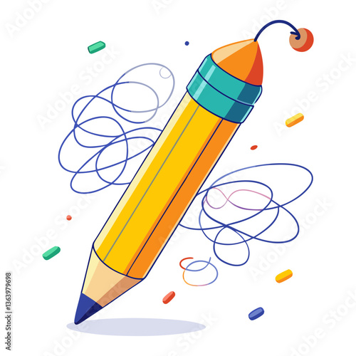 A stylized vector illustration of a yellow pencil with a teal band and orange tip, surrounded by scribbles and colorful confetti-like shapes, set against a white background.
