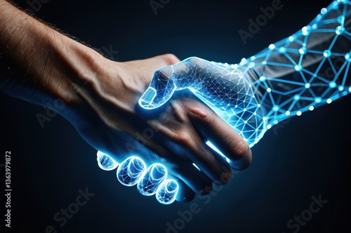 Two hands come together in a symbolic handshake, where one is human and the other is a futuristic digital representation, merging humanity and technology in harmony.