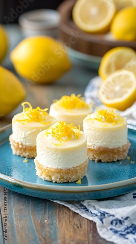 Four small lemon cakes with zest on a blue plate