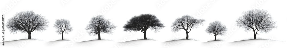 Fototapeta premium Whispers of Winter: A monochrome scene of diverse trees, their branches etched against the backdrop, evokes a sense of stillness and the quiet beauty of nature.