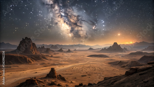 breathtaking view of a stark, rugged landscape under a star-filled night sky.