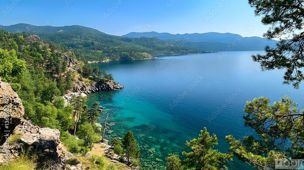 Panoramic View of a Turquoise Lake Surrounded by Lush Green Trees Under a Clear Blue Sky Panoramic View of a Turquoise Lake Surrounded by Lush Green Trees Under a Clear Blue Sky