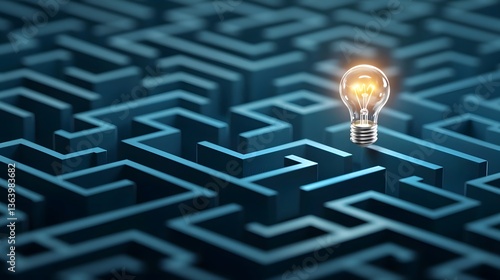 A lone shining light bulb stands out in the midst of a dark intricate maze symbolizing the spark of and creativity needed to navigate and solve complex challenges