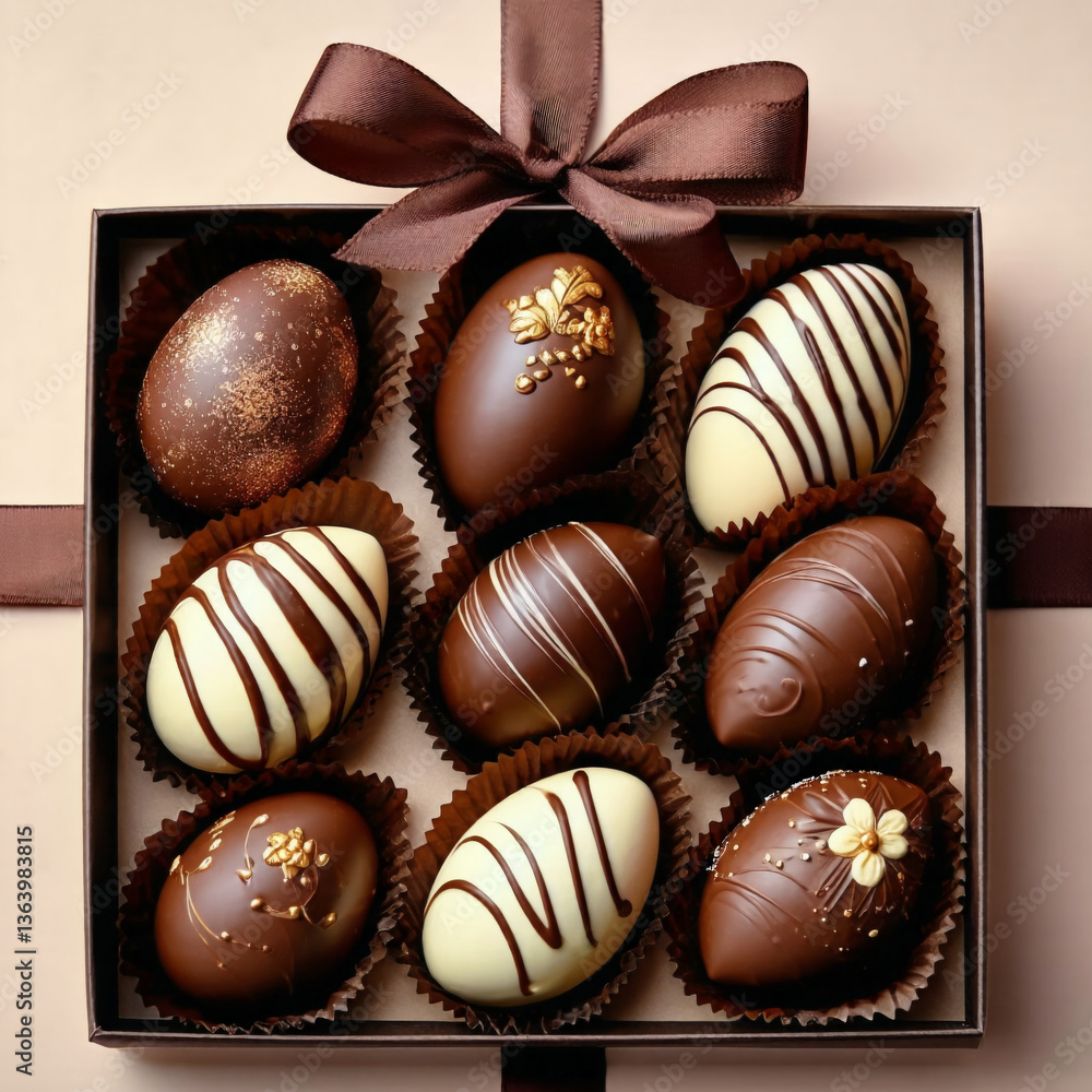 A premium assortment of gourmet chocolate Easter eggs presented in a sophisticated manner. A premium assortment of gourmet chocolate Easter eggs presented in a sophisticated manner.