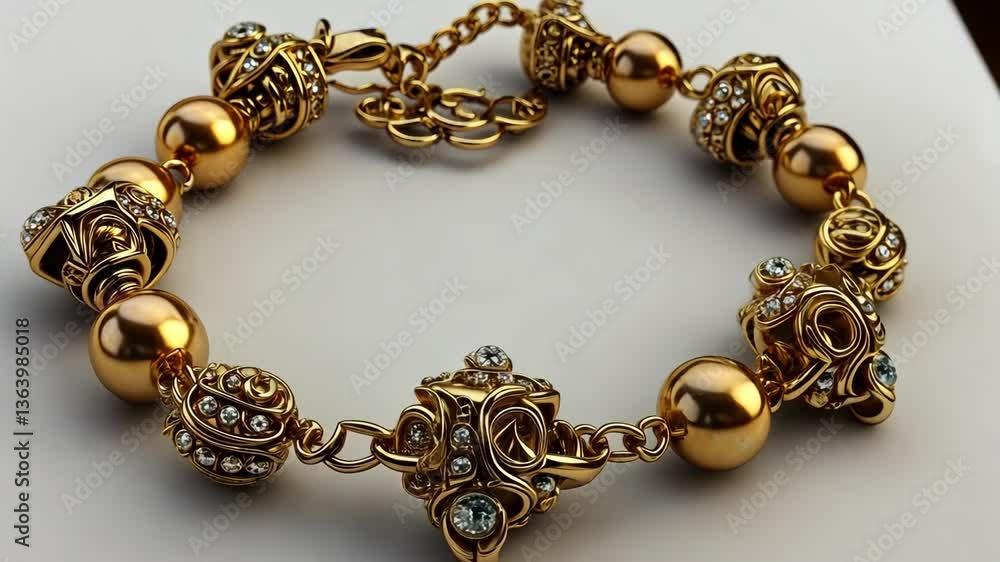 Elegant golden bracelet with intricate designs and sparkling accents displayed on a neutral background Elegant golden bracelet with intricate designs and sparkling accents displayed on a neutral background