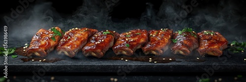 A close-up of freshly cooked barbecue ribs with smoke rising from the hot plate