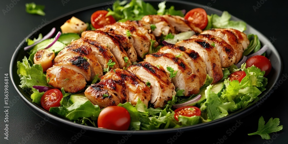 Grilled chicken breast served on a bed of fresh greens and cherry tomatoes in an elegant black serving dish Grilled chicken breast served on a bed of fresh greens and cherry tomatoes in an elegant black serving dish
