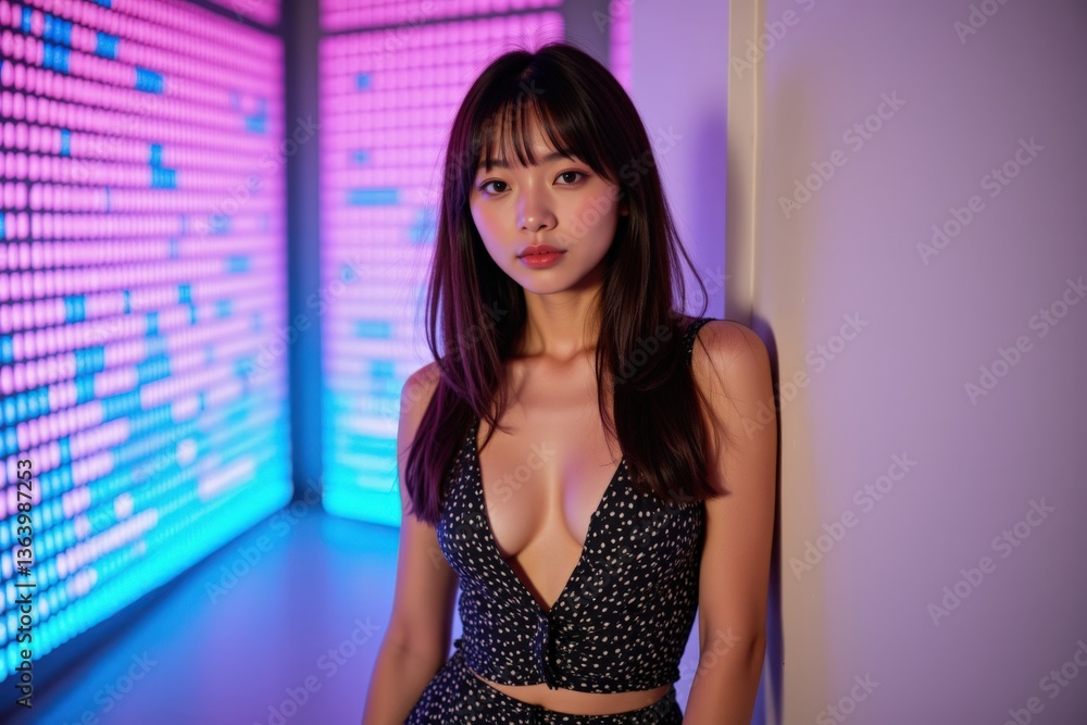 A Portrait of a Young Adult Asian Female Model Exuding Confidence in a Stylish, Deep-V Black Outfit Against a Colorful LED Backdrop A Portrait of a Young Adult Asian Female Model Exuding Confidence in a Stylish, Deep-V Black Outfit Against a Colorful LED Backdrop