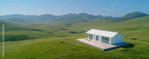 A modern white house nestled amidst green rolling hills