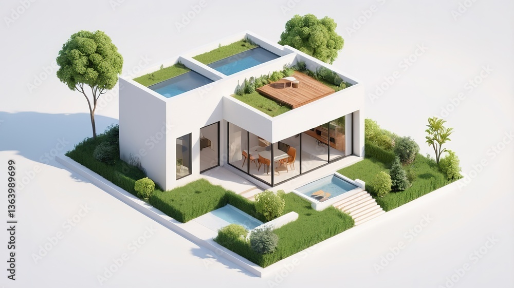 A small modern minimalist house isometric perspective, 3D model miniature A small modern minimalist house isometric perspective, 3D model miniature