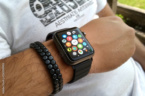 A close-up shot of a person's wrist wearing a black Apple Watch with the app grid displayed on the screen. photo