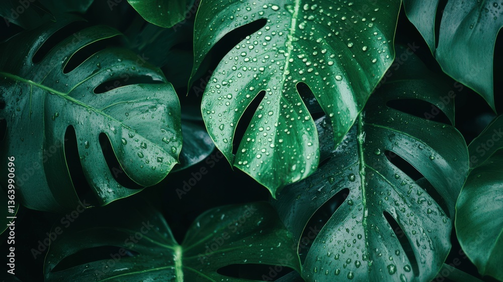 Fototapeta premium Wet monstera leaves offer a lush, green and natural tropical background perfect for design