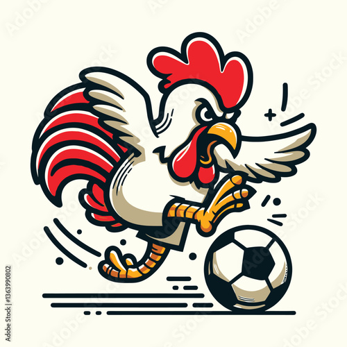 Aggressive rooster playing soccer mascot vector illustration
