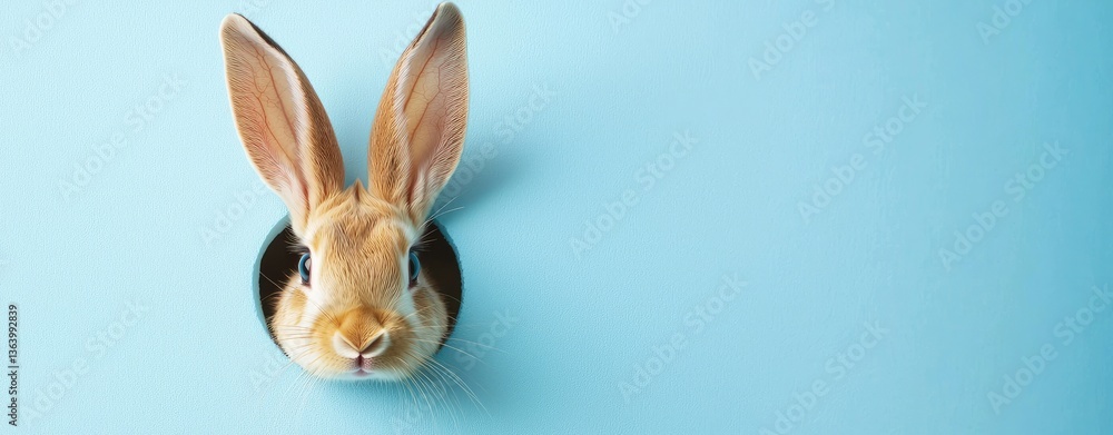 Obraz premium Adorable rabbit head sticking out from a hole in pastel blue background, leaving space for text. Great for Easter, kids’ products, or cheerful seasonal promotions
